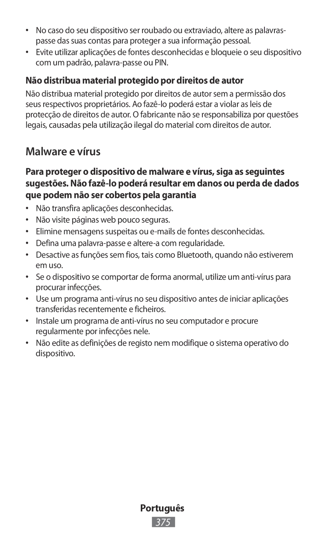 Samsung SM-T2100GRATHR, GT-I9195ZKADBT manual Malware e vírus, 375, Não distribua material protegido por direitos de autor 