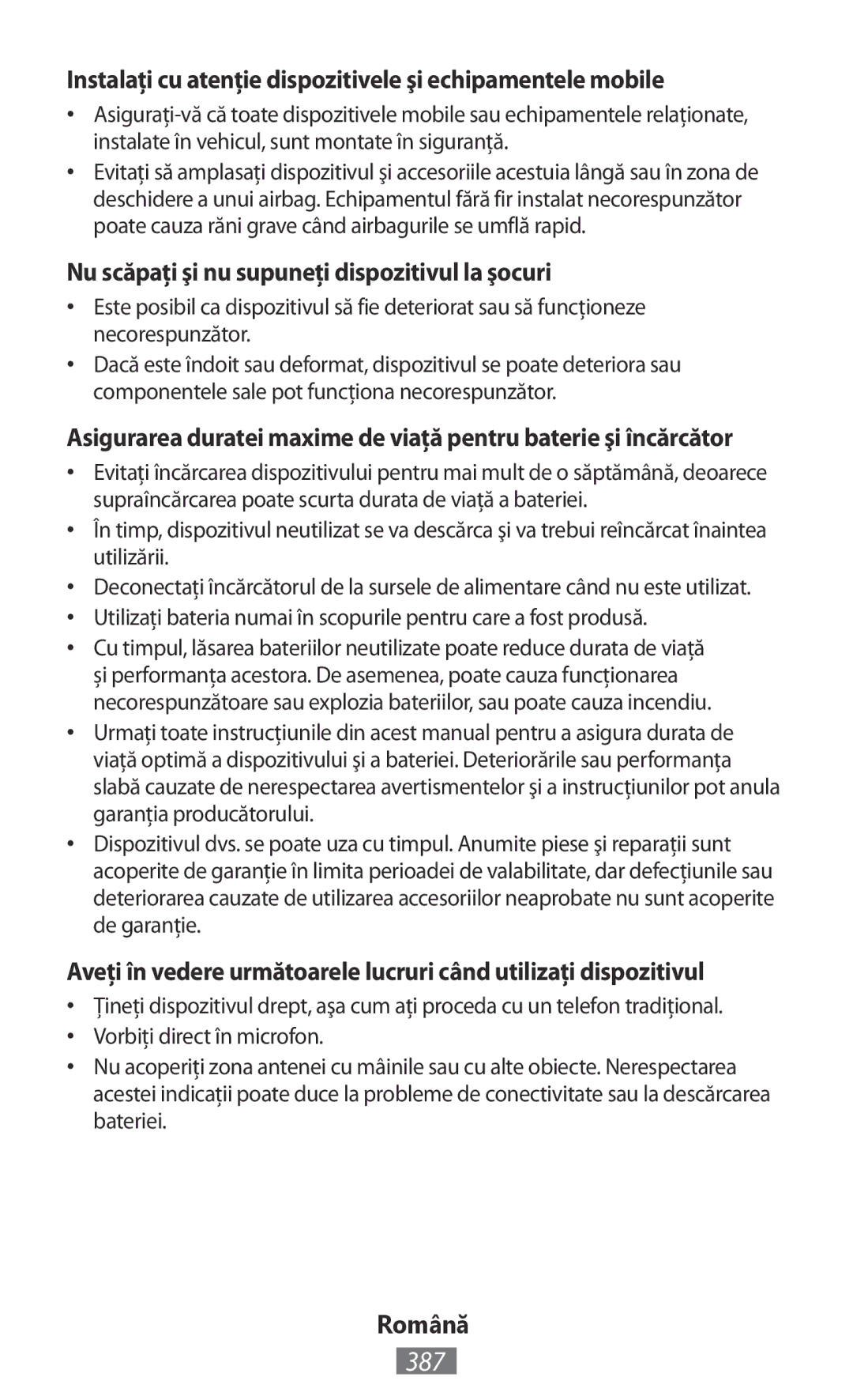 Samsung SM-T2110MKATHR, GT-I9195ZKADBT, GT-I9195DKYPLS manual 387, Instalaţi cu atenţie dispozitivele şi echipamentele mobile 