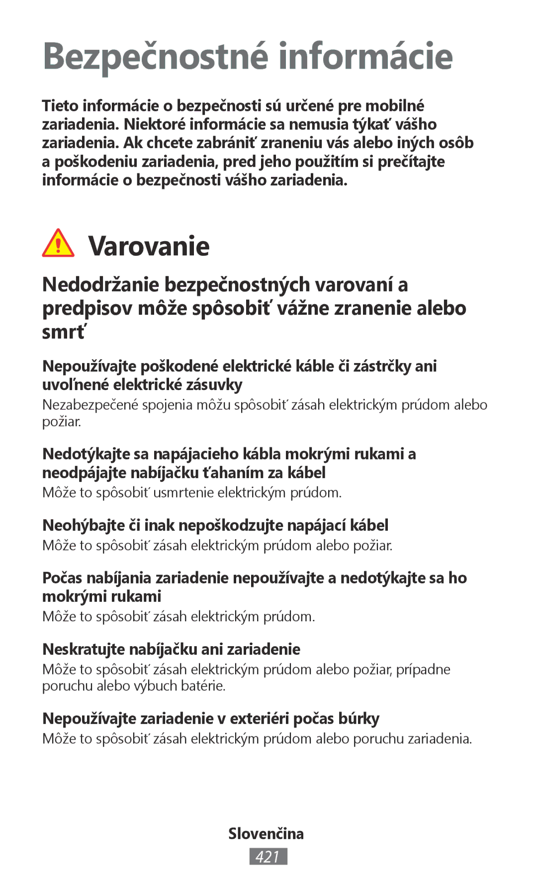 Samsung GT-I9505ZRABGL, GT-I9195ZKADBT, GT-I9195DKYPLS, GT-S5310KWHDBT, GT-I9195ZKIATO manual Bezpečnostné informácie, 421 