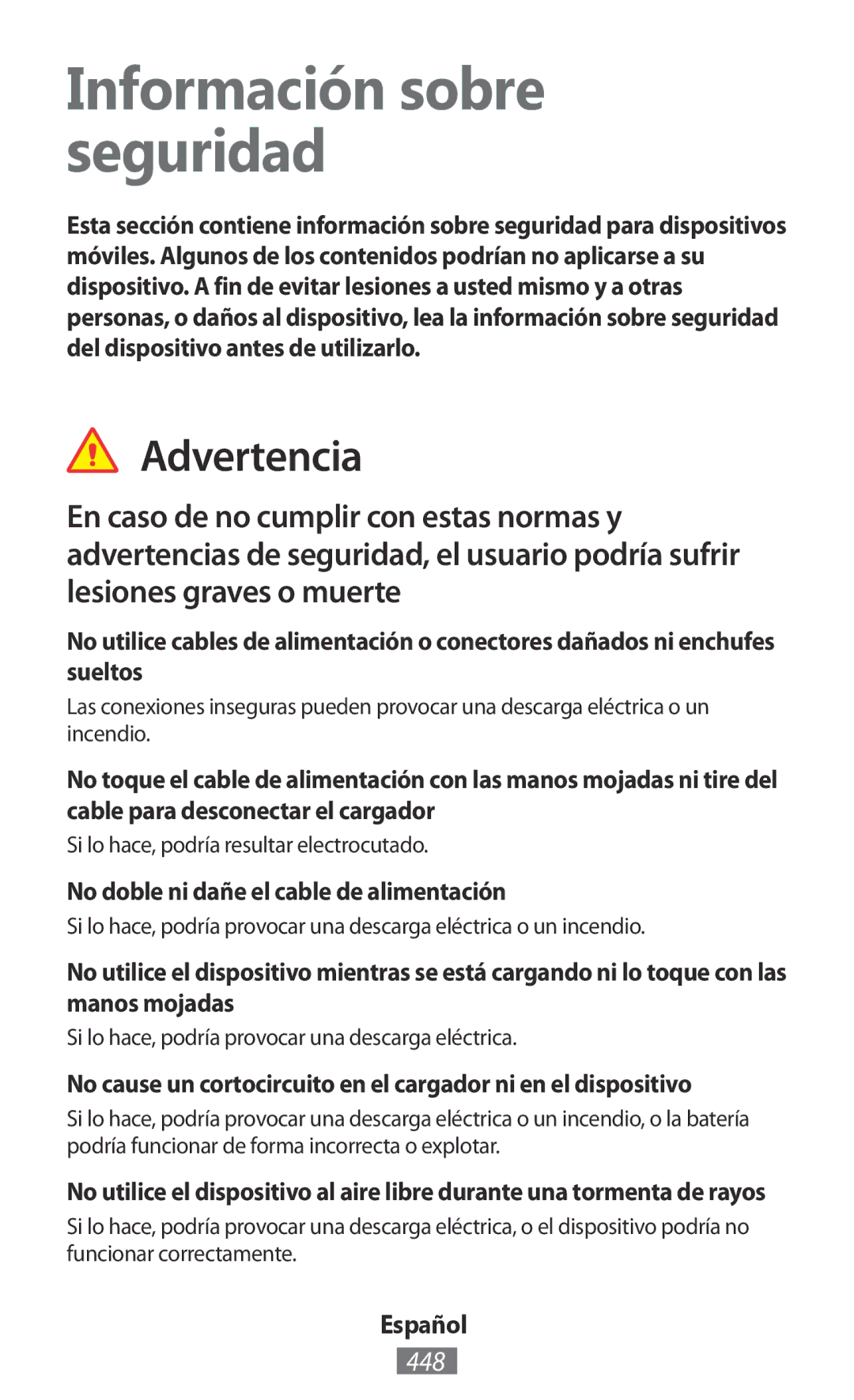 Samsung GT-I9505ZPAMTL Información sobre seguridad, Advertencia, 448, No doble ni dañe el cable de alimentación, Español 