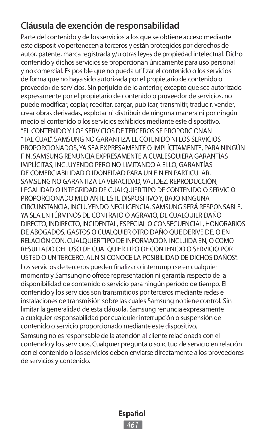 Samsung GT-I9505ZWAMTL, GT-I9195ZKADBT, GT-I9195DKYPLS, GT-S5310KWHDBT manual Cláusula de exención de responsabilidad, 461 