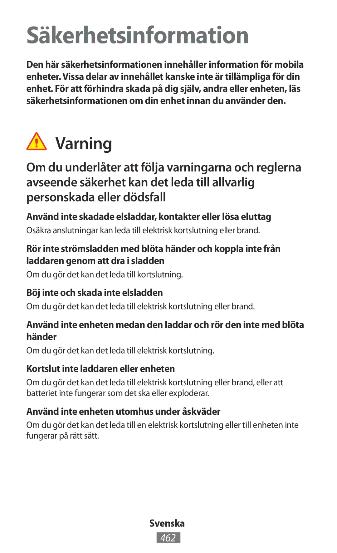 Samsung GT-I9505ZKAMTL, GT-I9195ZKADBT, GT-I9195DKYPLS, GT-S5310KWHDBT manual Säkerhetsinformation, Varning, 462, Svenska 