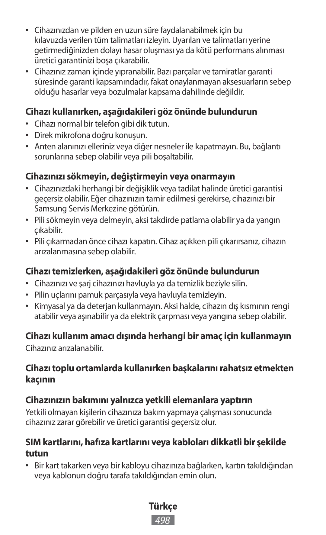 Samsung GT-S5312BKATRA manual 498, Cihazı kullanırken, aşağıdakileri göz önünde bulundurun, Cihazınız arızalanabilir 