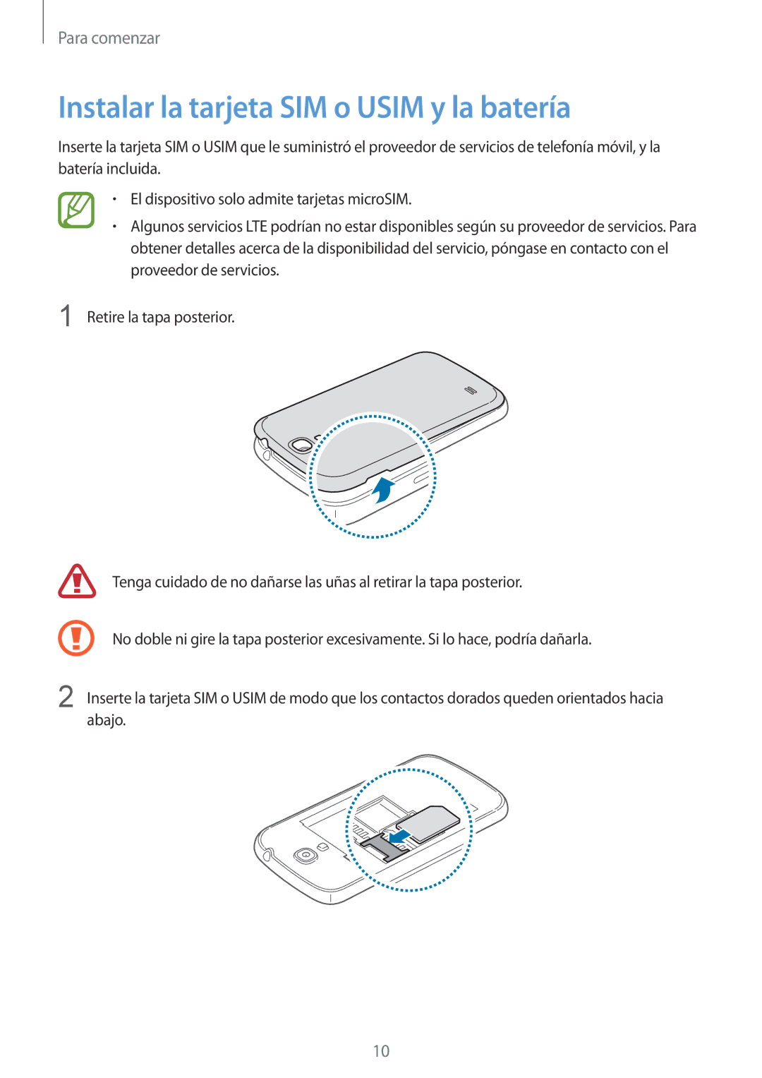 Samsung GT-I9195ZWAMEO, GT-I9195ZKADBT, GT-I9195ZKAMEO, GT-I9195ZKAATO manual Instalar la tarjeta SIM o Usim y la batería 