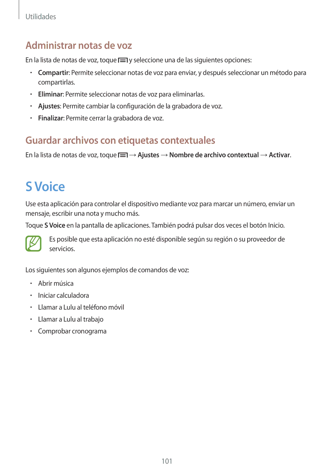 Samsung GT-I9195DKYDBT, GT-I9195ZKADBT manual Voice, Administrar notas de voz, Guardar archivos con etiquetas contextuales 