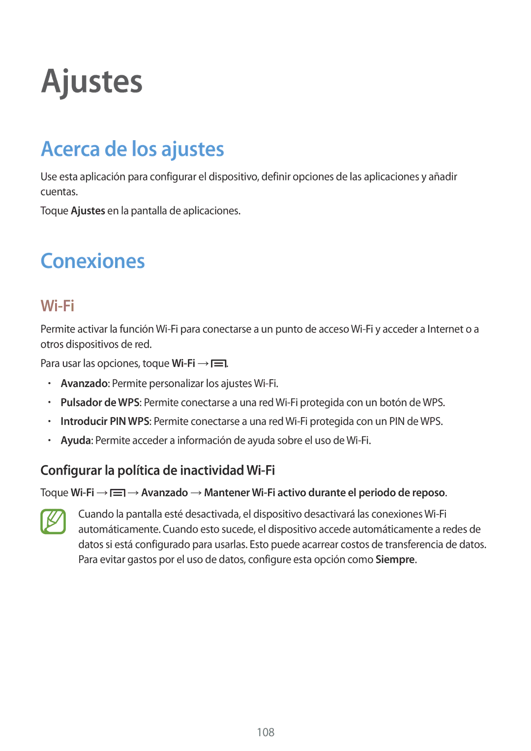 Samsung GT-I9195ZWAAMN manual Ajustes, Acerca de los ajustes, Conexiones, Configurar la política de inactividad Wi-Fi 