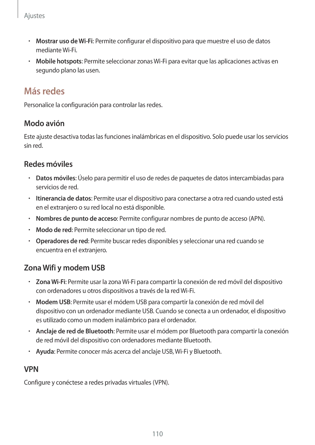 Samsung GT-I9195ZIAPHE, GT-I9195ZKADBT, GT-I9195ZKAMEO manual Más redes, Modo avión, Redes móviles, Zona Wifi y modem USB 