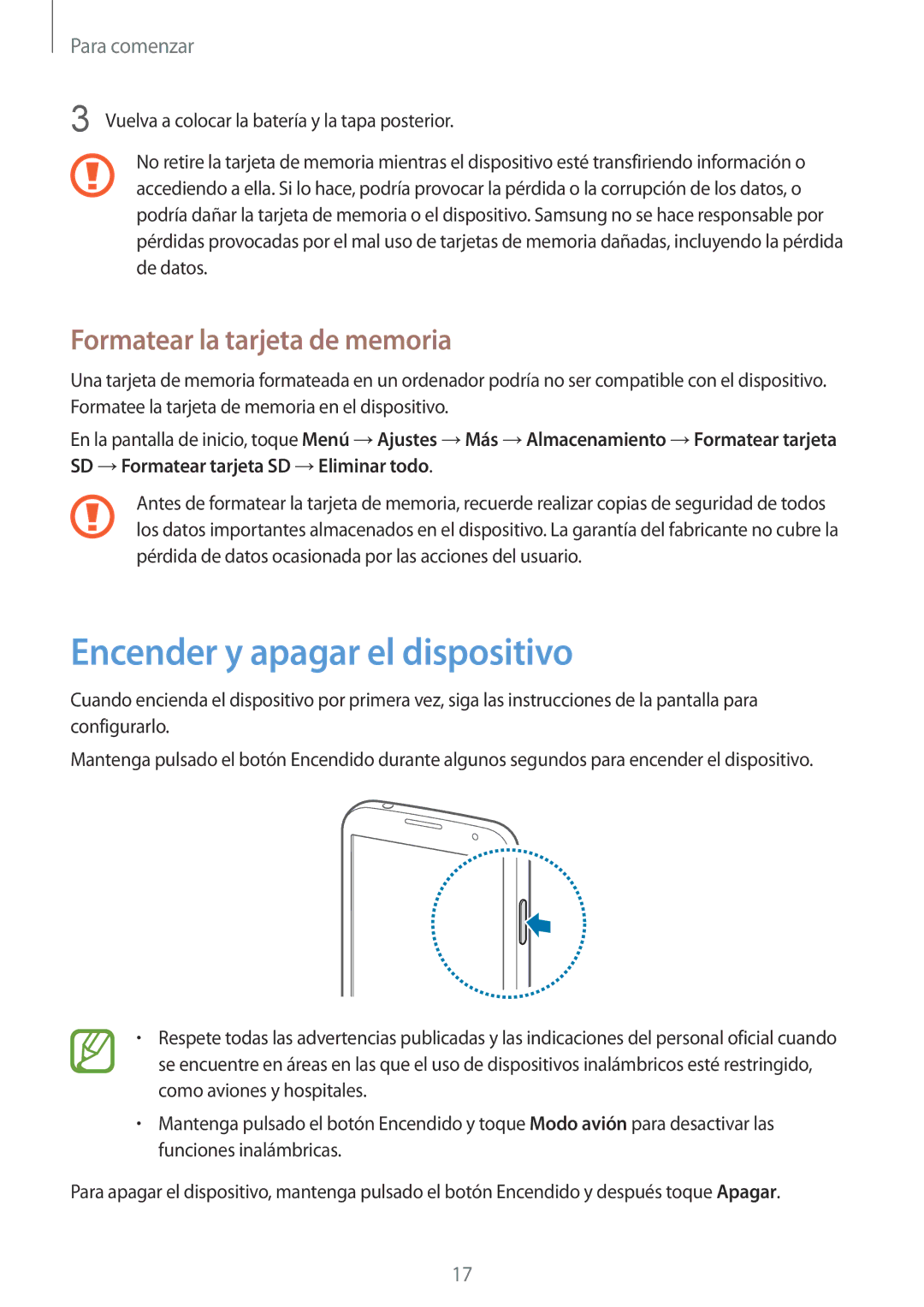 Samsung GT-I9195ZWAXEF, GT-I9195ZKADBT, GT-I9195ZKAMEO Encender y apagar el dispositivo, Formatear la tarjeta de memoria 