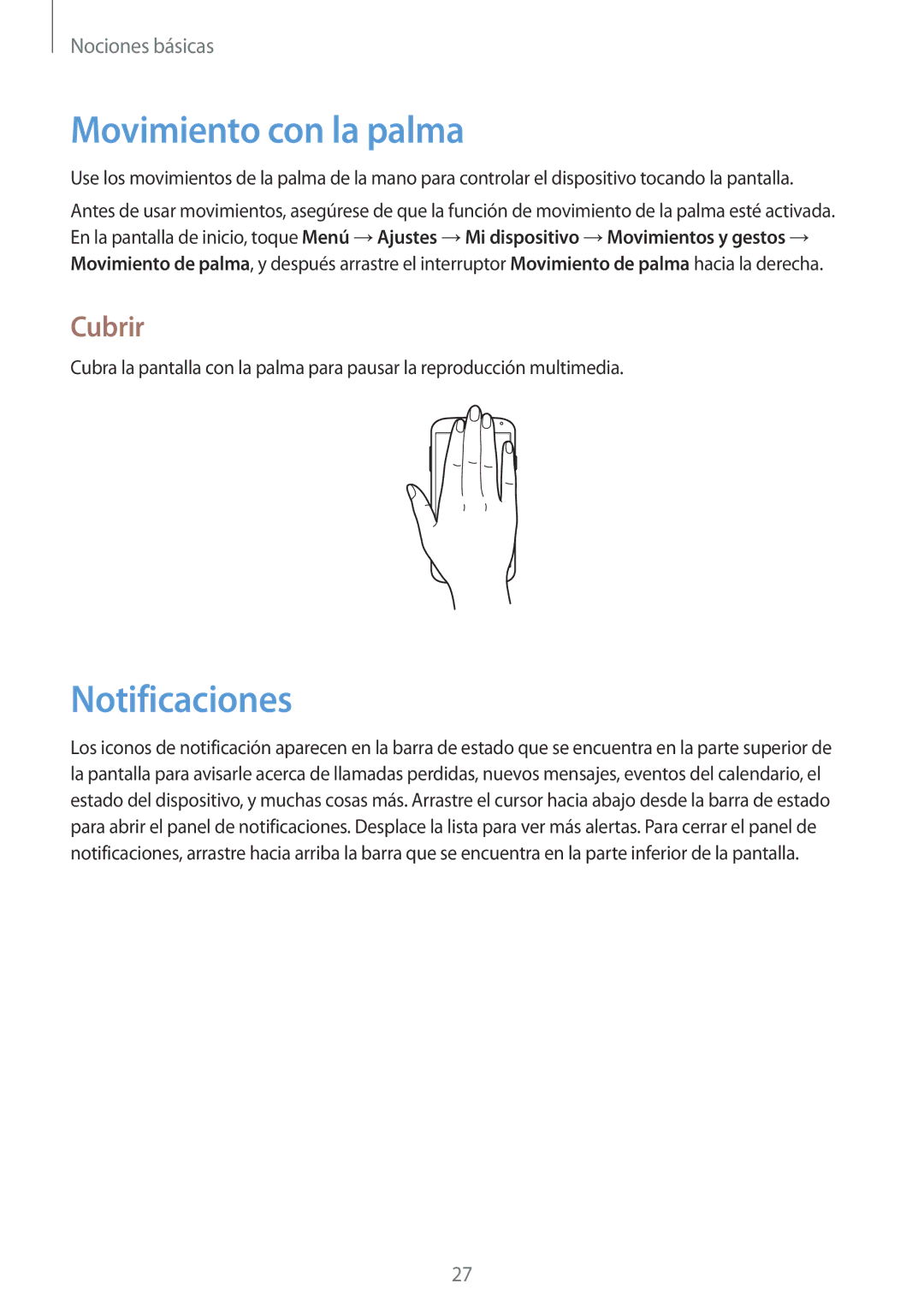Samsung GT-I9195ZKASEB, GT-I9195ZKADBT, GT-I9195ZKAMEO, GT-I9195ZKAATO manual Movimiento con la palma, Notificaciones, Cubrir 