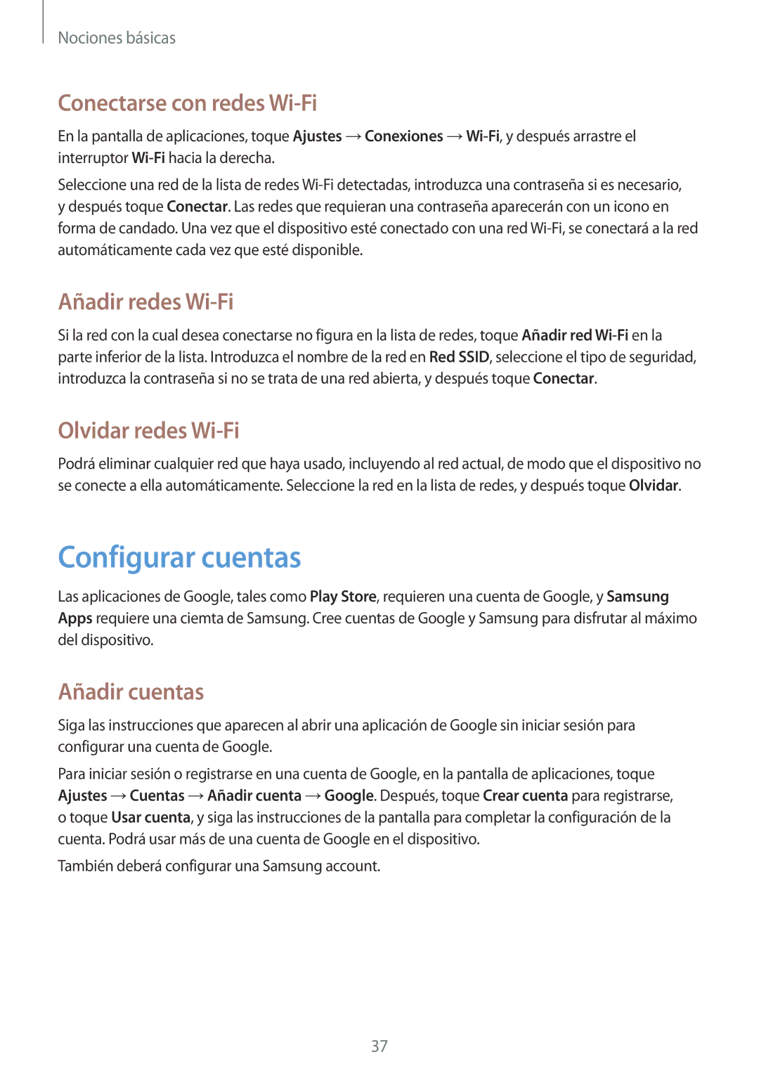 Samsung GT-I9195ZOAXEC manual Configurar cuentas, Conectarse con redes Wi-Fi, Añadir redes Wi-Fi, Olvidar redes Wi-Fi 