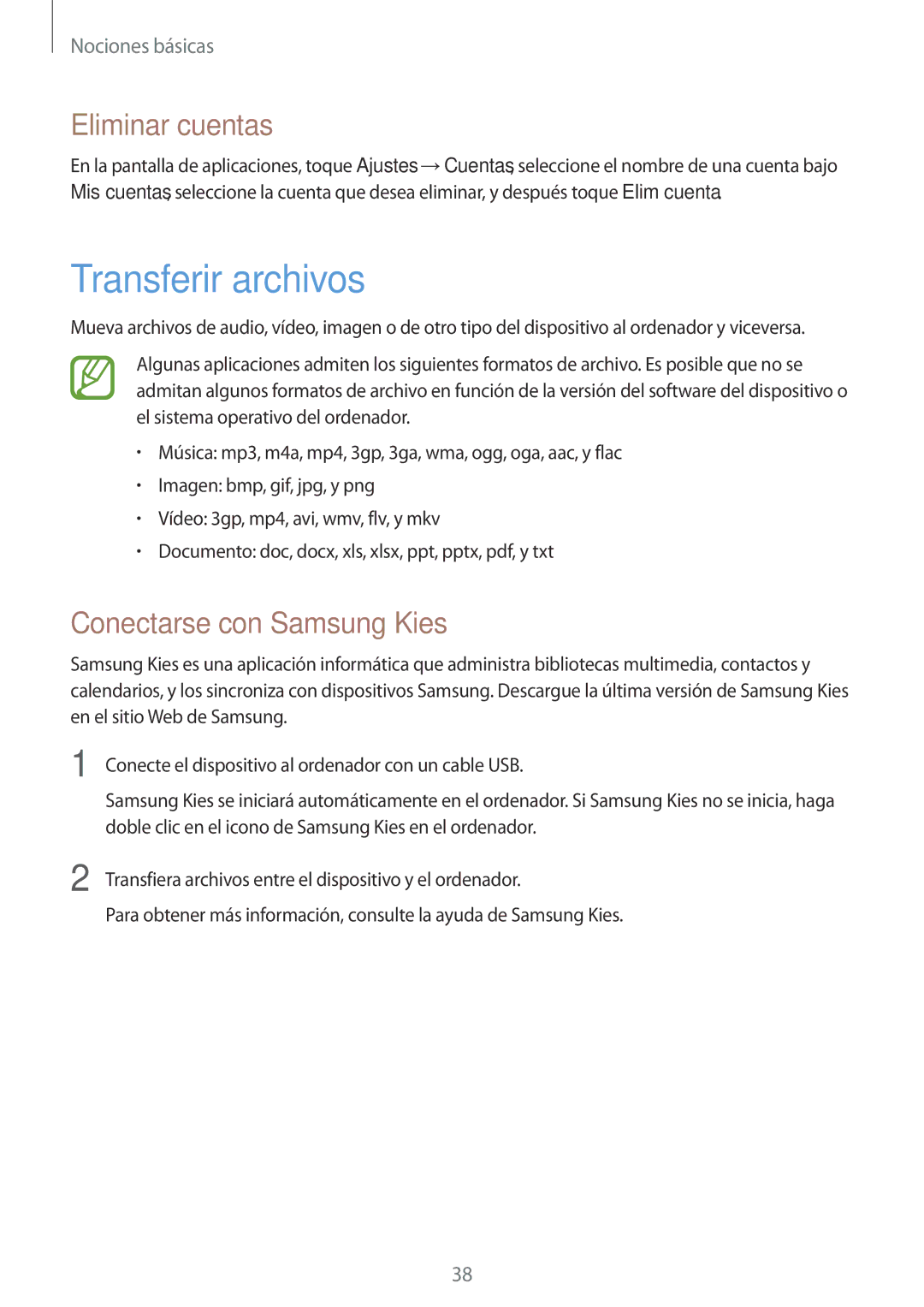 Samsung GT-I9195ZKAXEC, GT-I9195ZKADBT, GT-I9195ZKAMEO Transferir archivos, Eliminar cuentas, Conectarse con Samsung Kies 