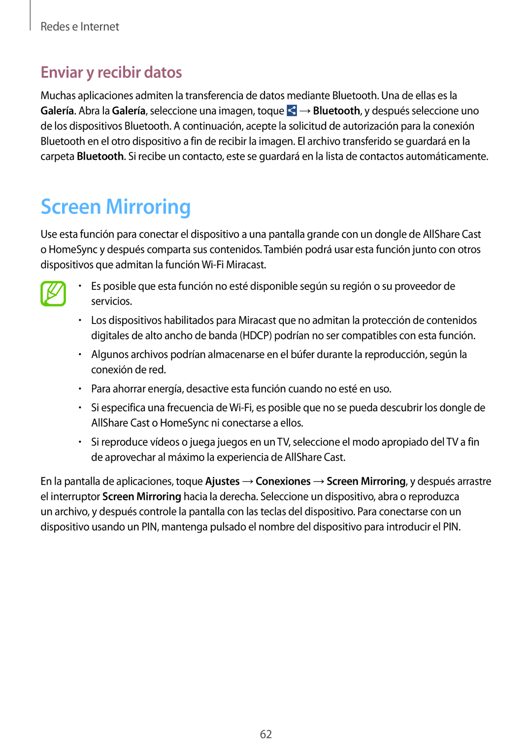 Samsung GT-I9195ZWAPHN, GT-I9195ZKADBT, GT-I9195ZKAMEO, GT-I9195ZKAATO manual Screen Mirroring, Enviar y recibir datos 