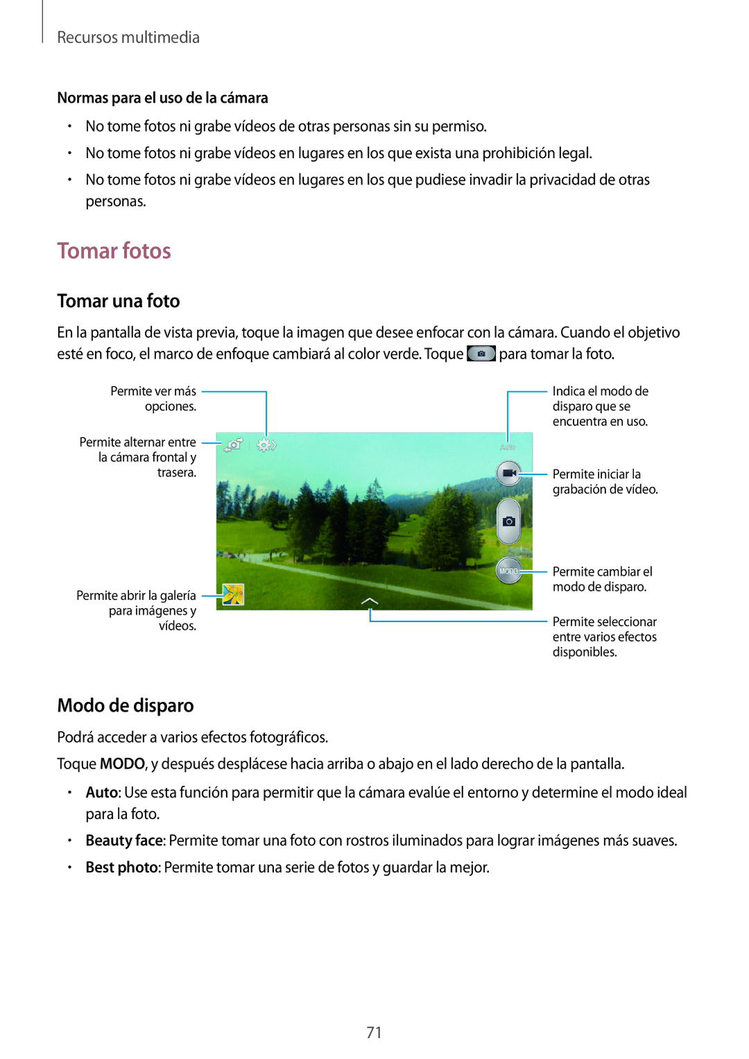 Samsung GT-I9195ZKASEB, GT-I9195ZKADBT manual Tomar fotos, Tomar una foto, Modo de disparo, Normas para el uso de la cámara 