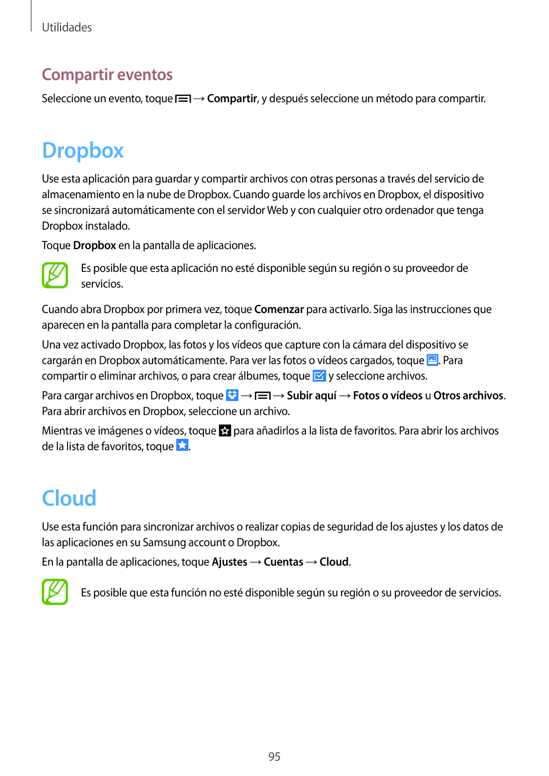 Samsung GT-I9195DKYTCL, GT-I9195ZKADBT, GT-I9195ZKAMEO, GT-I9195ZKAATO, GT-I9195ZWAXEO manual Dropbox, Cloud, Compartir eventos 