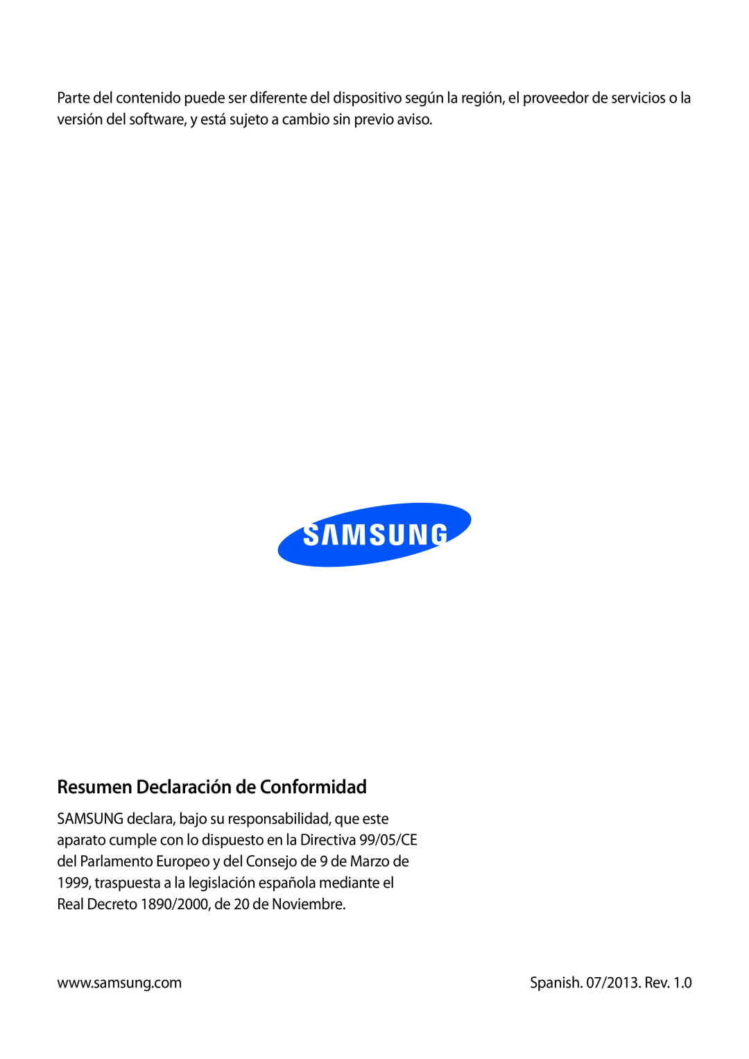 Samsung GT-I9195ZKAATO, GT-I9195ZKADBT, GT-I9195ZKAMEO manual Resumen Declaración de Conformidad, Spanish. 07/2013. Rev 