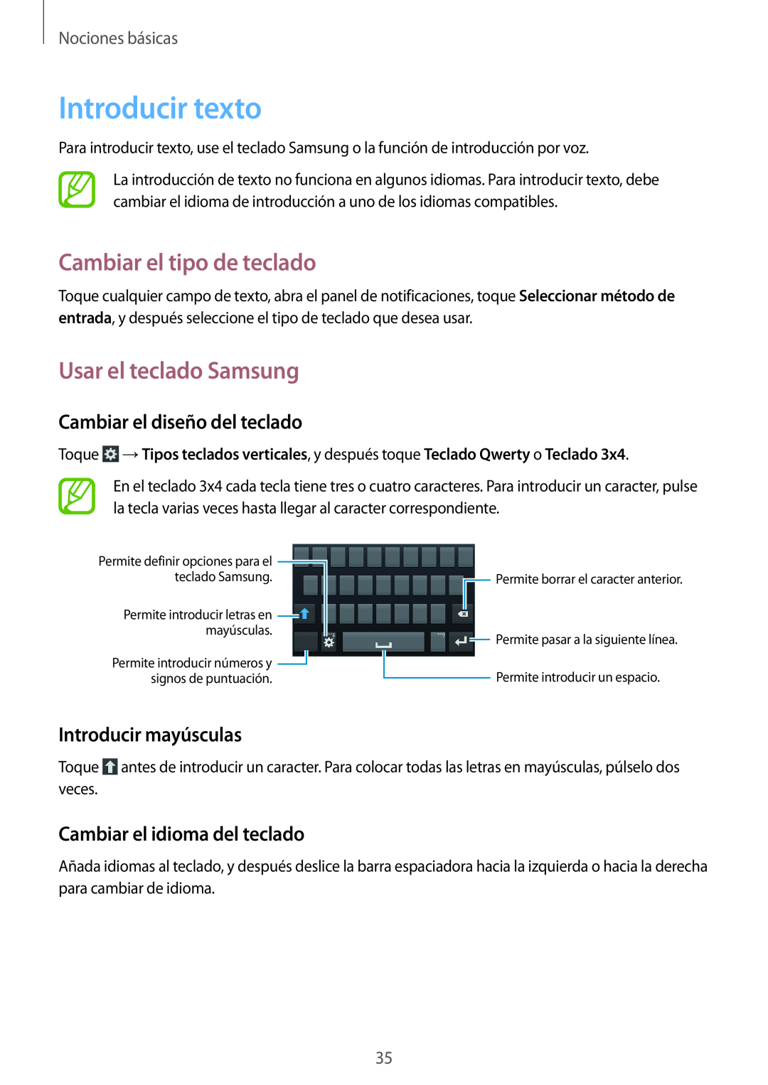 Samsung GT-I9195ZYAPHE manual Introducir texto, Cambiar el tipo de teclado, Usar el teclado Samsung, Introducir mayúsculas 
