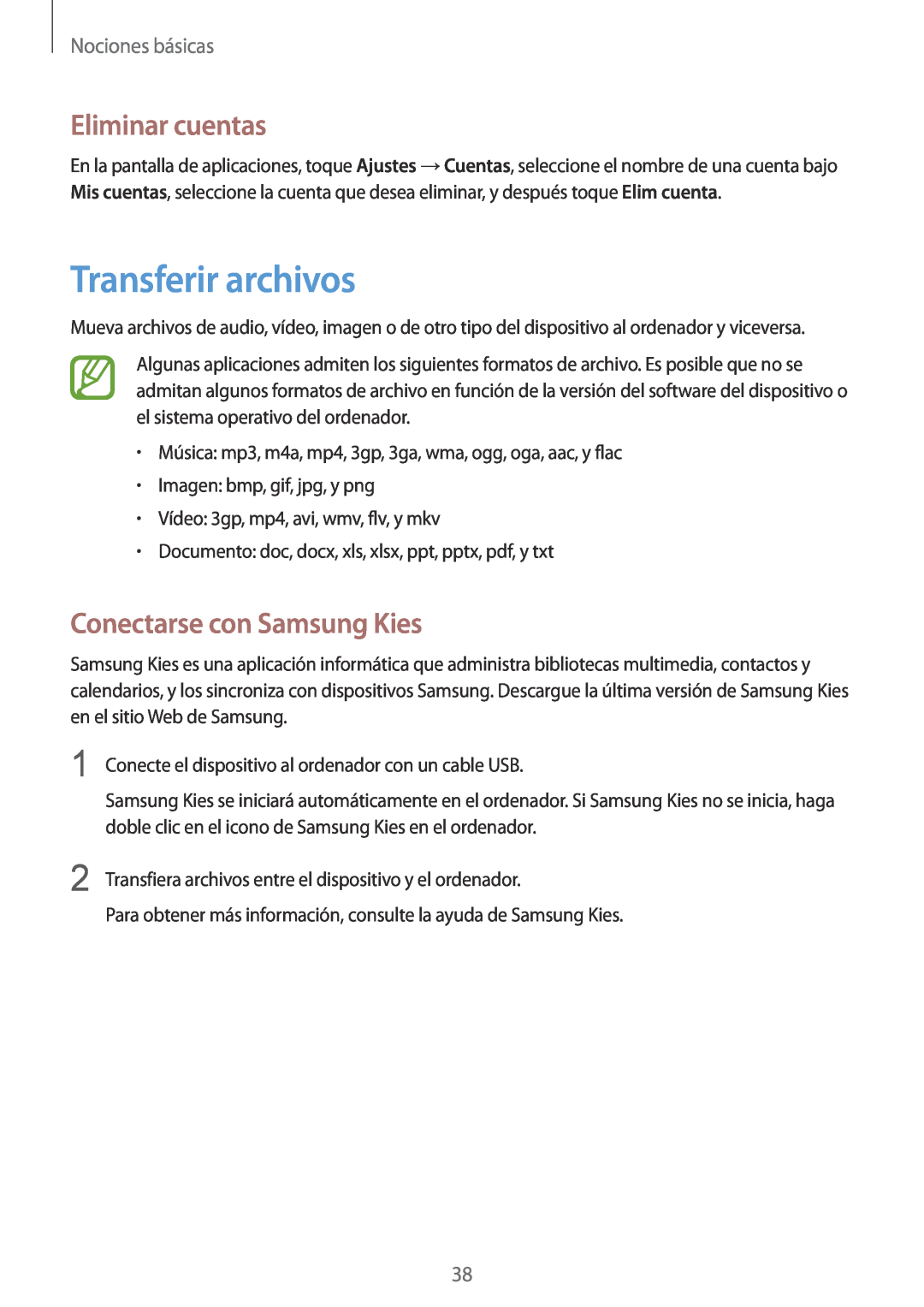 Samsung GT-I9195ZKAXEC manual Transferir archivos, Eliminar cuentas, Conectarse con Samsung Kies, Nociones básicas 