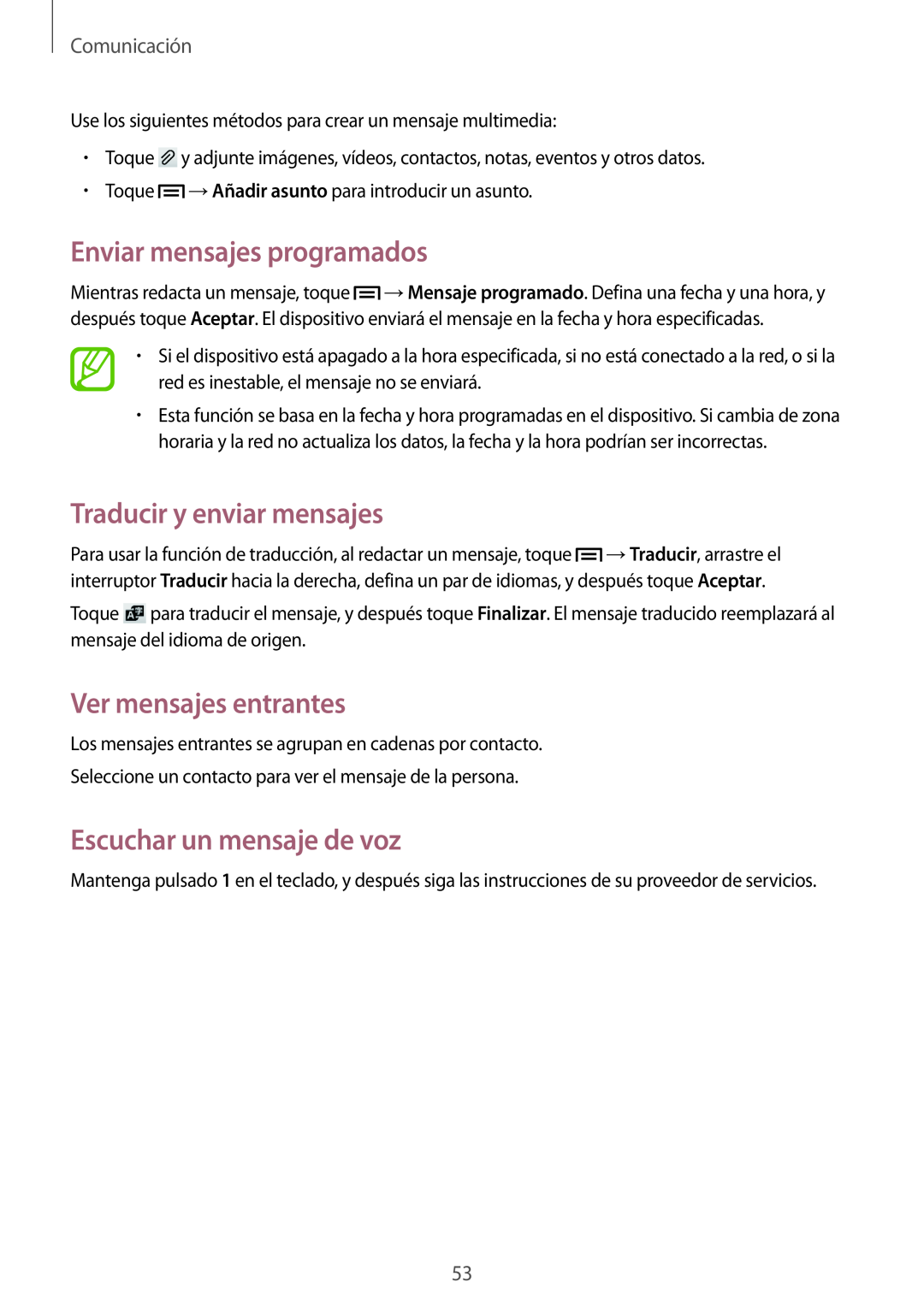 Samsung GT-I9195ZWASEB manual Enviar mensajes programados, Traducir y enviar mensajes, Ver mensajes entrantes, Comunicación 