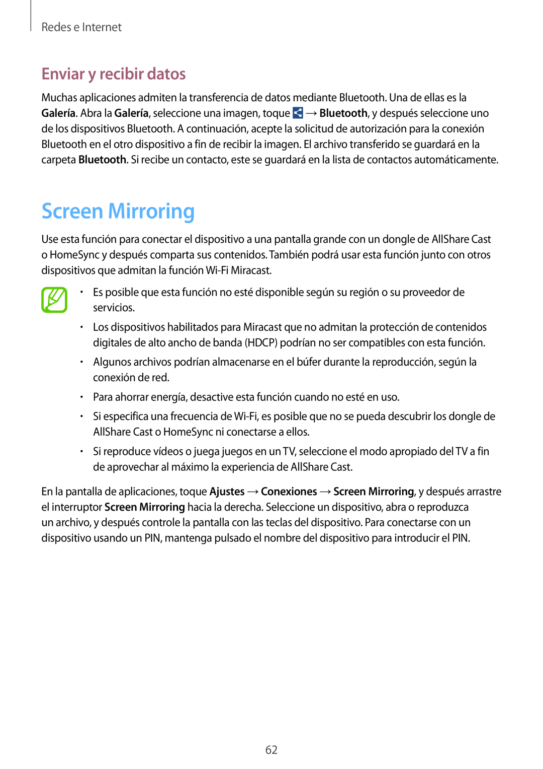 Samsung GT-I9195ZWAPHN, GT-I9195ZKADBT, GT-I9195ZKAMEO manual Screen Mirroring, Enviar y recibir datos, Redes e Internet 