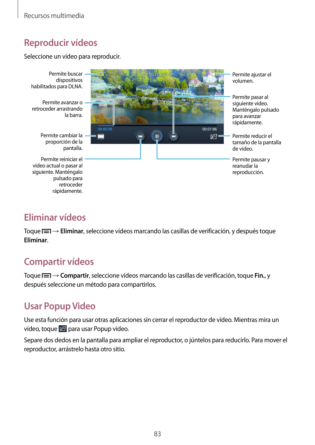 Samsung GT-I9195ZBAXEC manual Eliminar vídeos, Compartir vídeos, Usar Popup Video, Reproducir vídeos, Recursos multimedia 