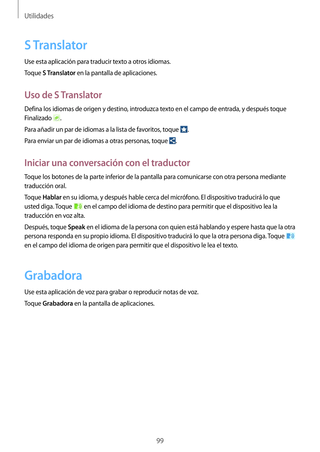 Samsung GT-I9195ZWADBT manual Grabadora, Uso de S Translator, Iniciar una conversación con el traductor, Utilidades 