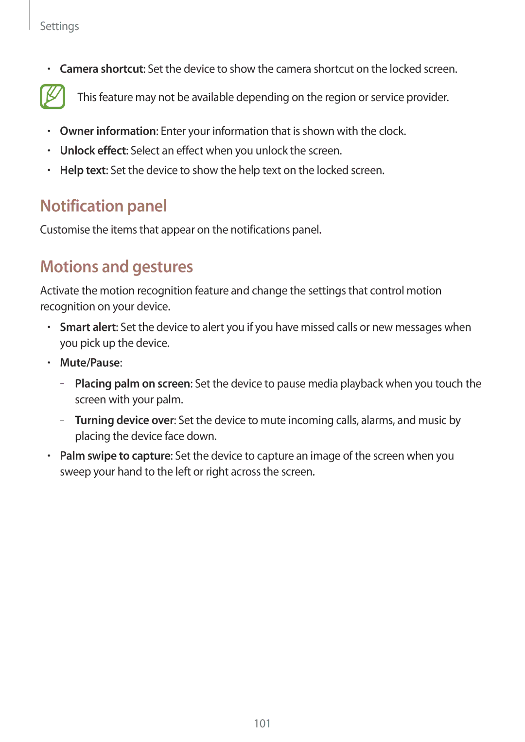 Samsung GT-I9195ZKINEE, GT-I9195ZKIATO, GT-I9195DKIDBT, GT-I9195ZWIDBT Notification panel, Motions and gestures, Mute/Pause 