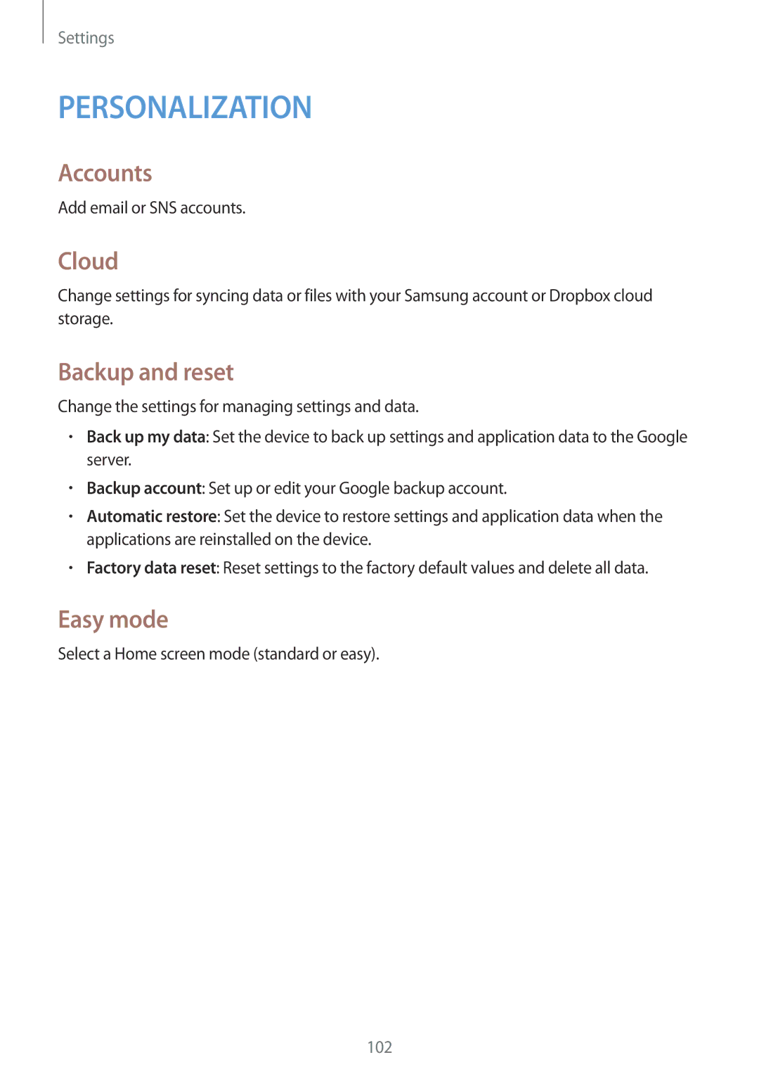 Samsung GT-I9195ZWISEB, GT-I9195ZKIATO, GT-I9195DKIDBT, GT-I9195ZWIDBT manual Accounts, Cloud, Backup and reset, Easy mode 