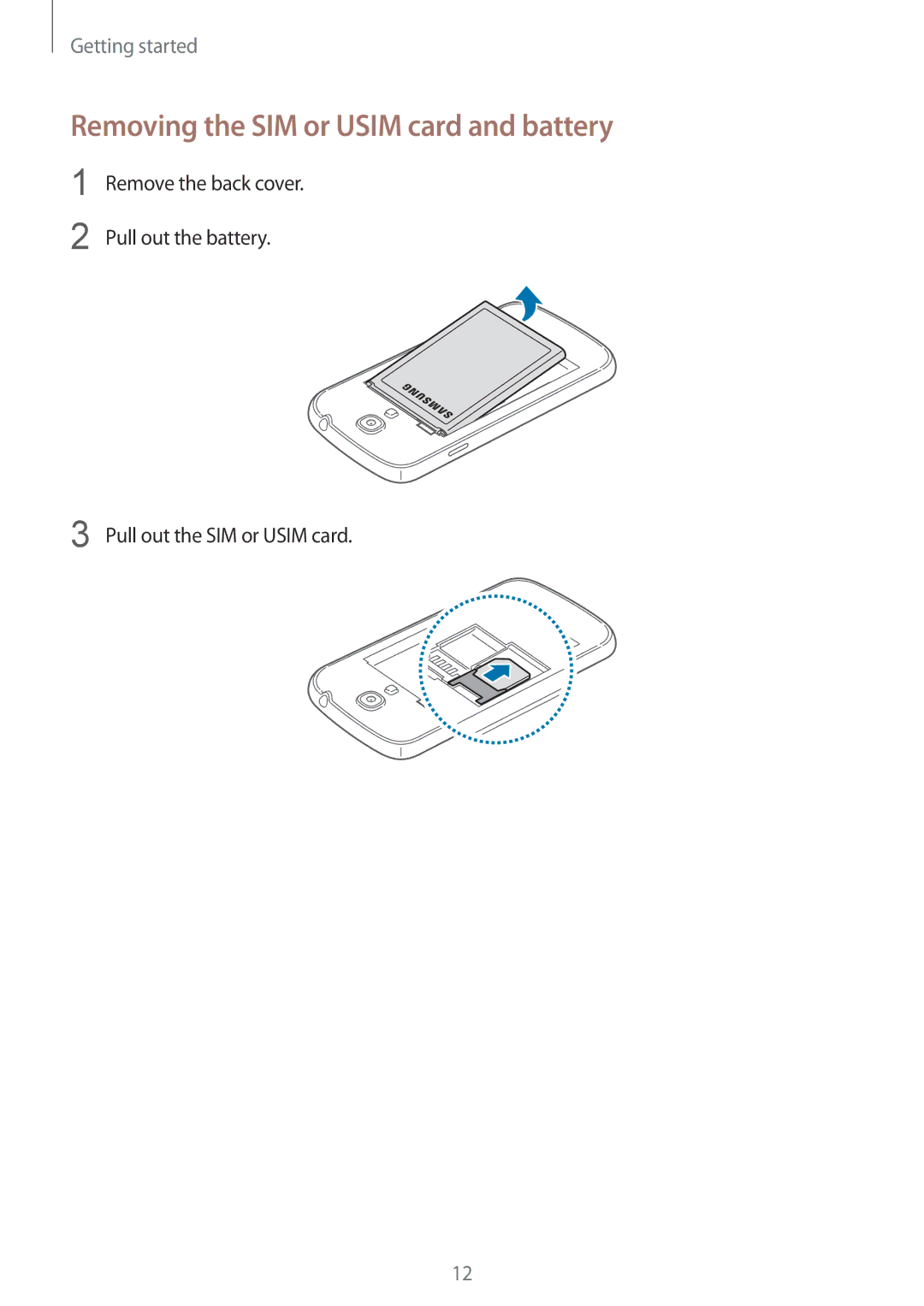 Samsung GT-I9195DKIATO, GT-I9195ZKIATO, GT-I9195DKIDBT, GT-I9195ZWIDBT manual Removing the SIM or Usim card and battery 