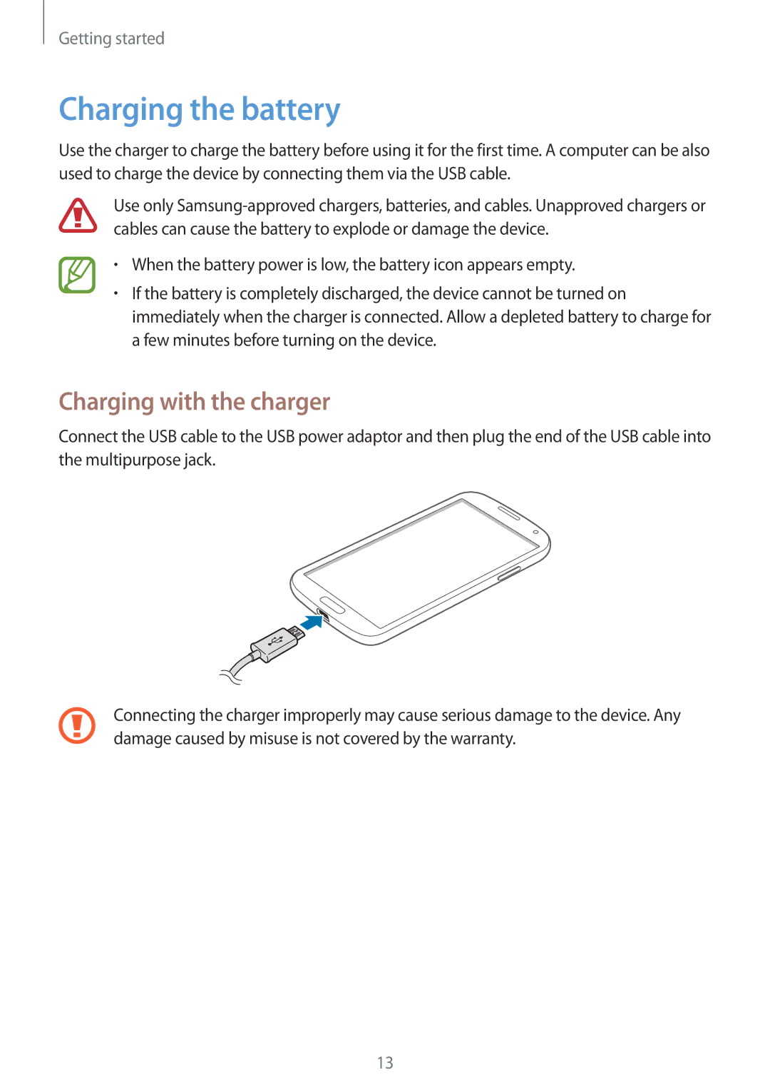 Samsung GT-I9195ZWIXEH, GT-I9195ZKIATO, GT-I9195DKIDBT, GT-I9195ZWIDBT manual Charging the battery, Charging with the charger 