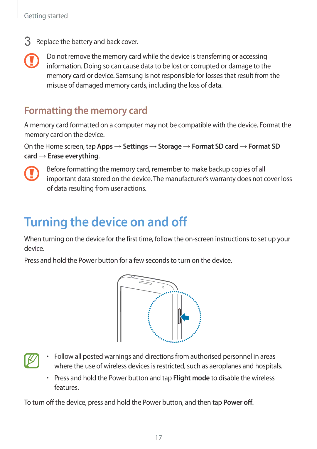 Samsung GT-I9195DKIORX, GT-I9195ZKIATO, GT-I9195DKIDBT manual Turning the device on and off, Formatting the memory card 