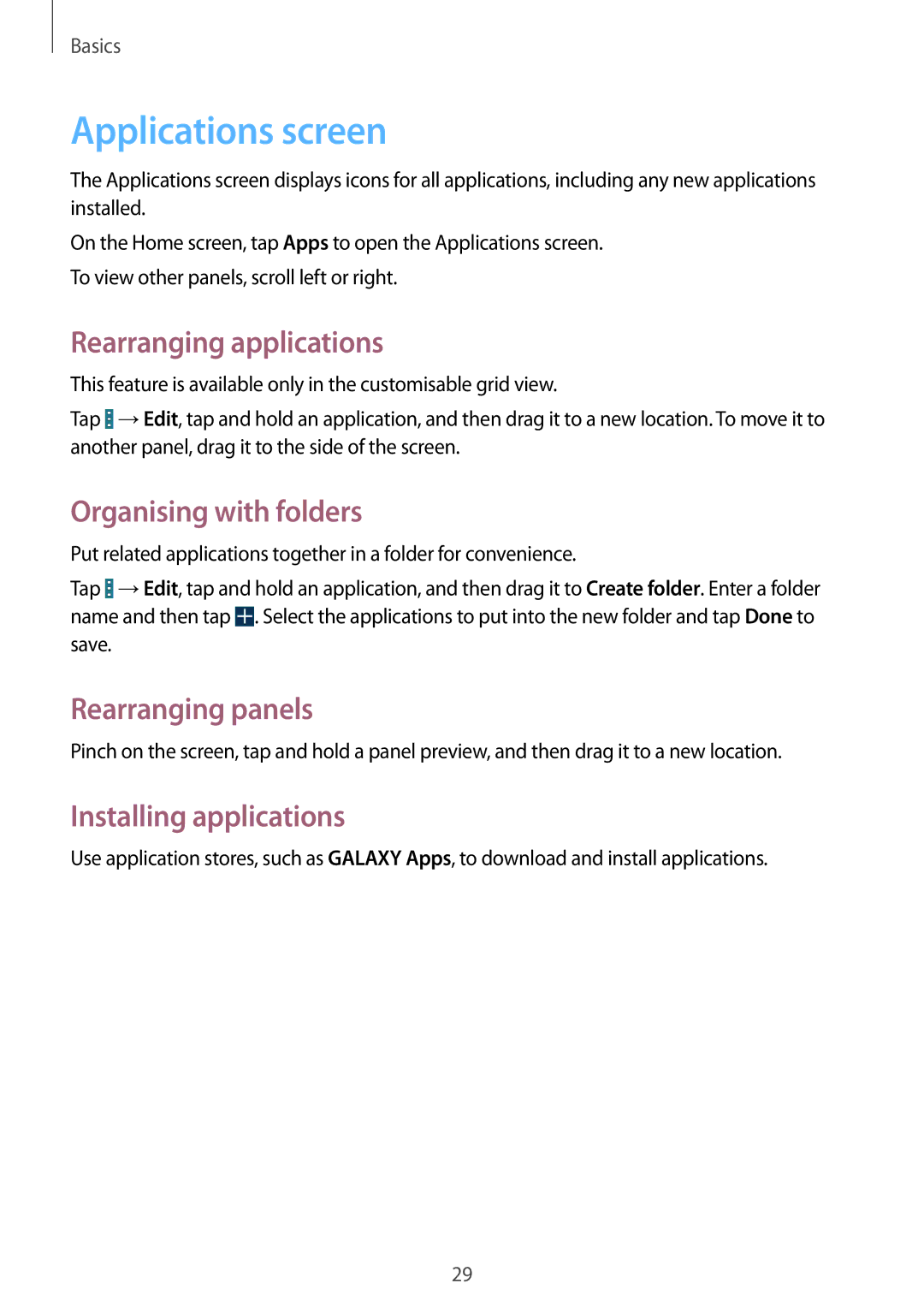 Samsung GT-I9195ZWIVGR Applications screen, Rearranging applications, Organising with folders, Installing applications 