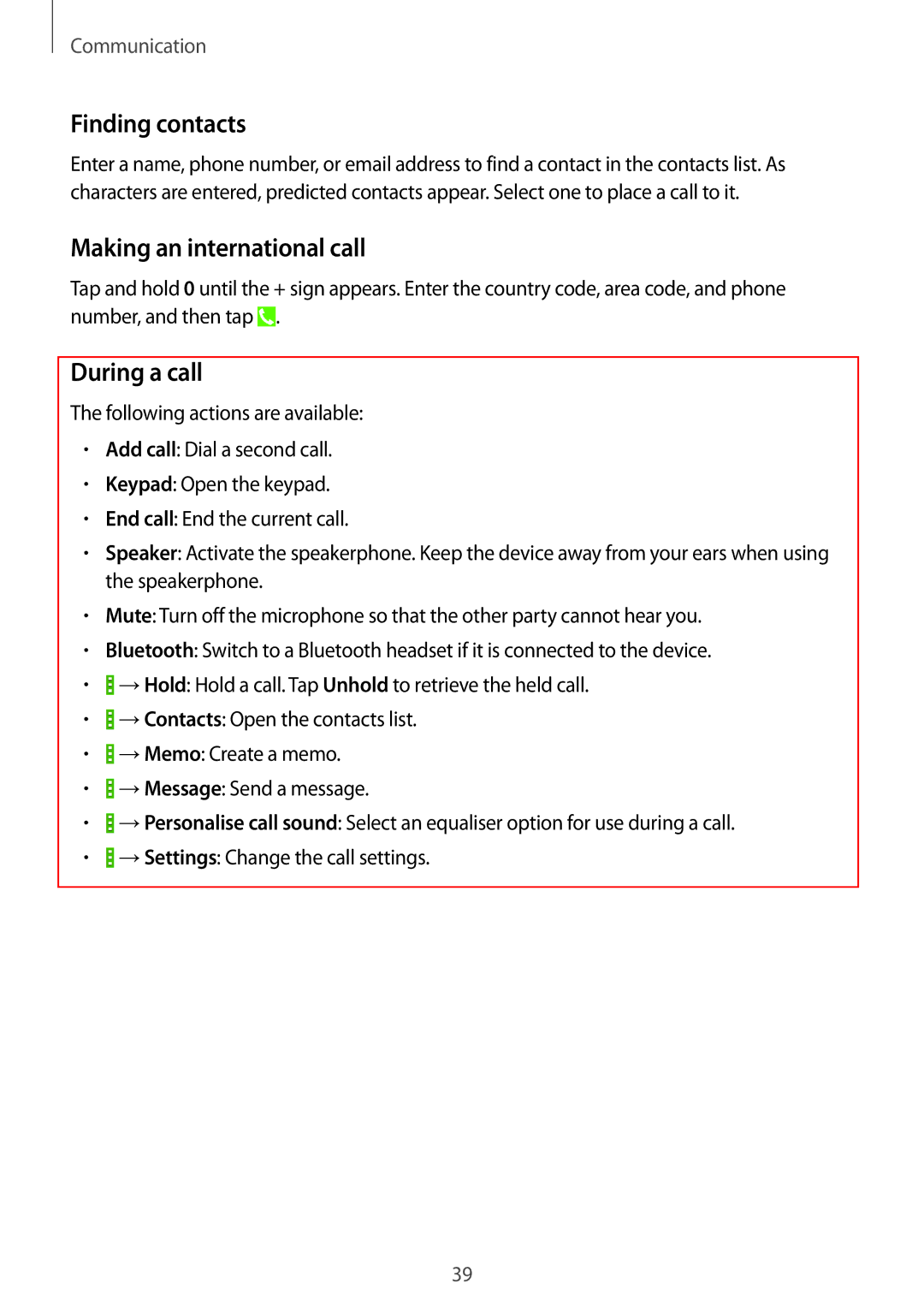 Samsung GT-I9195ZWIXEH, GT-I9195ZKIATO, GT-I9195DKIDBT manual Finding contacts, Making an international call, During a call 