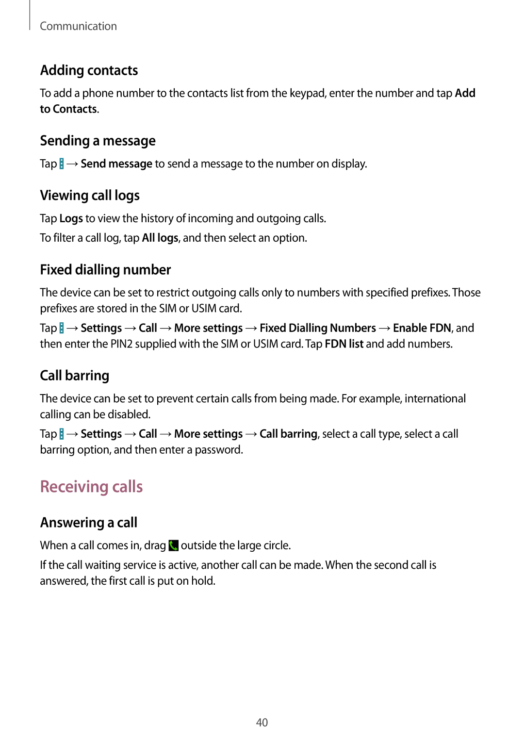 Samsung GT-I9195ZKIORX, GT-I9195ZKIATO, GT-I9195DKIDBT, GT-I9195ZWIDBT, GT-I9195ZWIVGR, GT-I9195ZKIDBT manual Receiving calls 