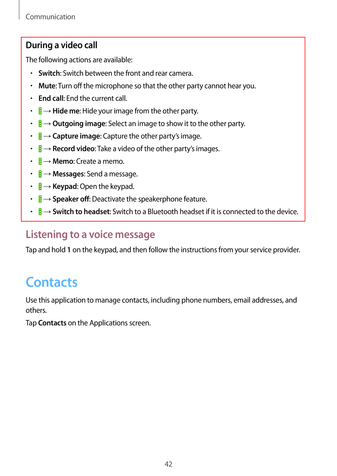 Samsung GT-I9195ZKIXEH, GT-I9195ZKIATO, GT-I9195DKIDBT manual Contacts, Listening to a voice message, During a video call 