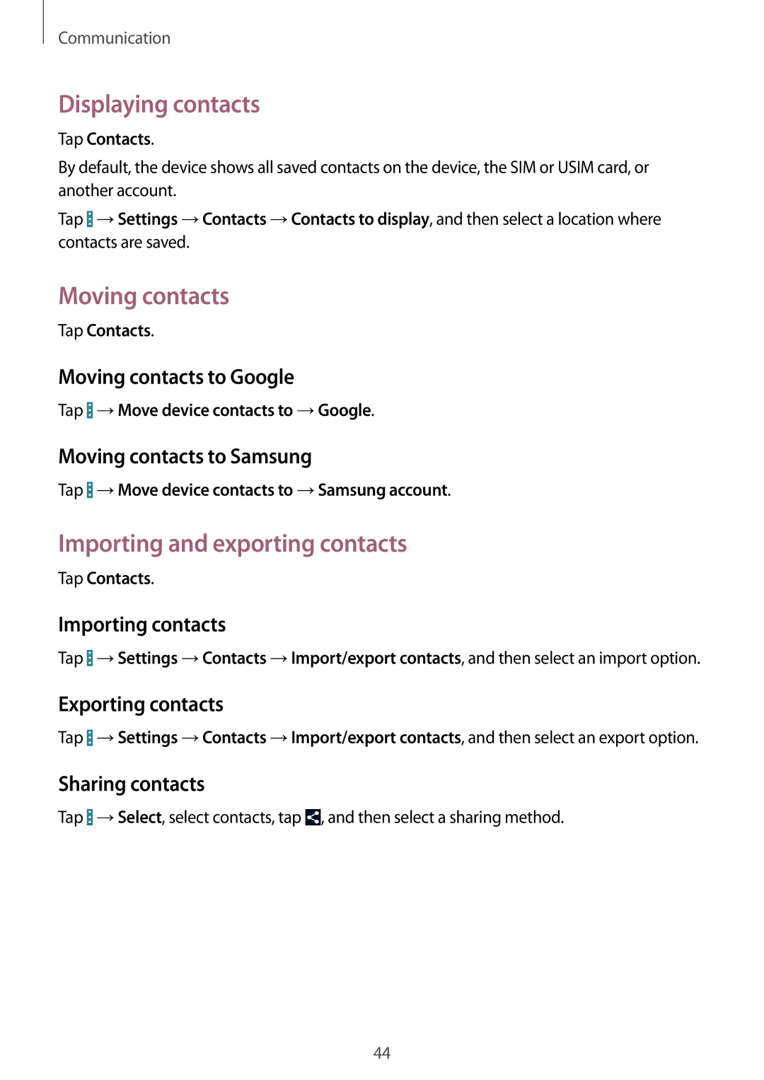 Samsung GT-I9195ZWIATO, GT-I9195ZKIATO manual Displaying contacts, Moving contacts, Importing and exporting contacts 