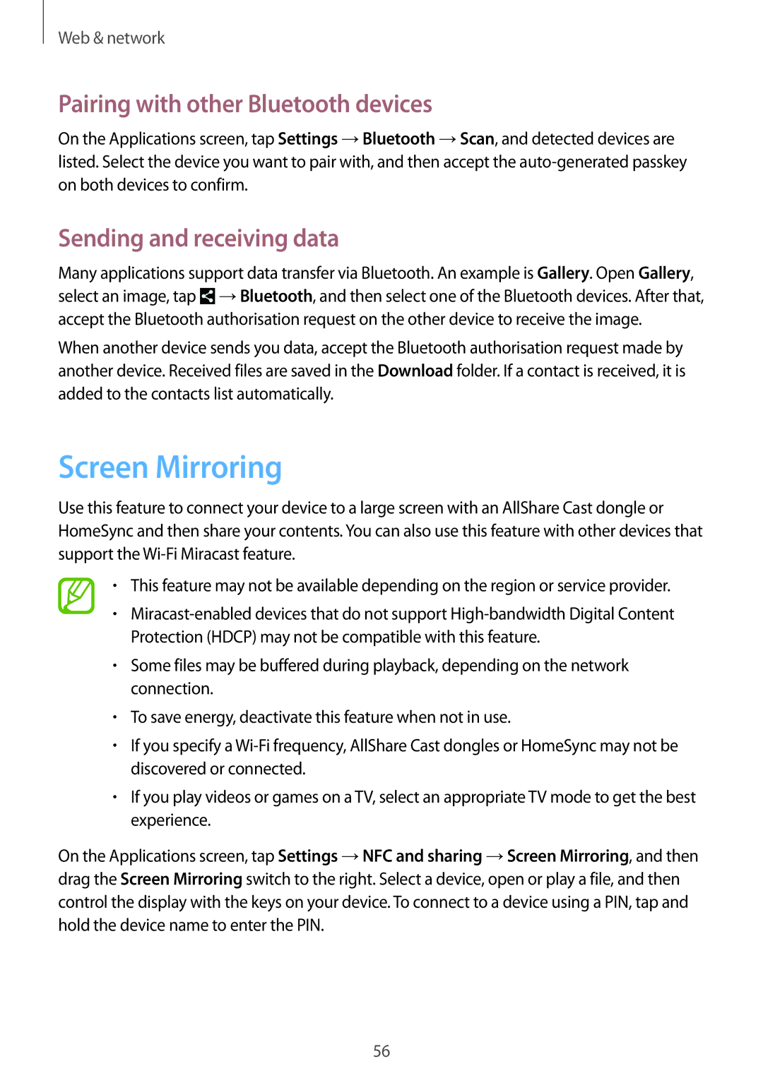 Samsung GT-I9195ZKIDBT, GT-I9195ZKIATO Screen Mirroring, Pairing with other Bluetooth devices, Sending and receiving data 