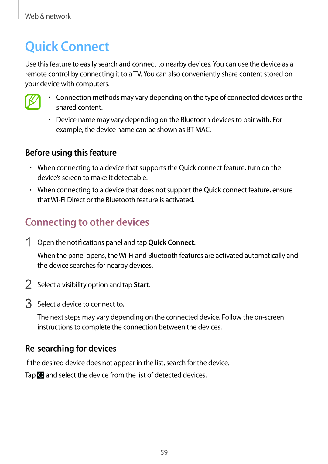 Samsung GT-I9195ZKIXEF Quick Connect, Connecting to other devices, Before using this feature, Re-searching for devices 