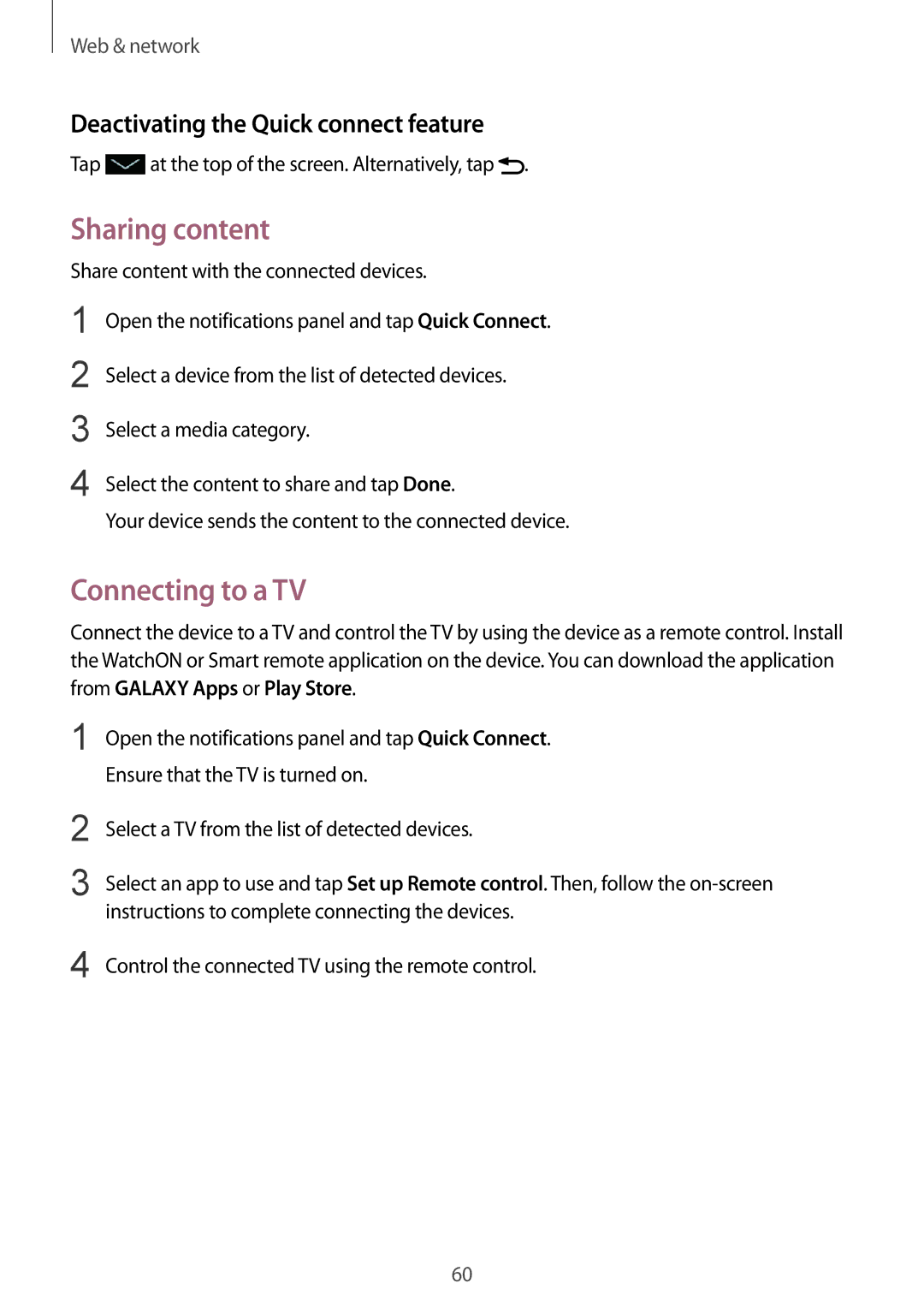 Samsung GT-I9195DKIXEF, GT-I9195ZKIATO manual Sharing content, Connecting to a TV, Deactivating the Quick connect feature 