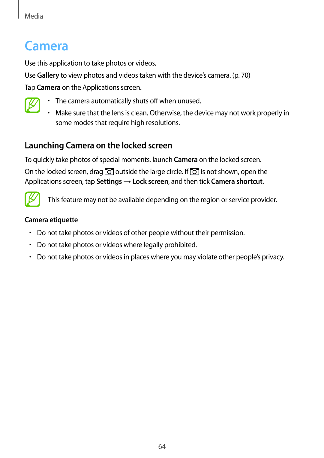 Samsung GT-I9195DKIATO, GT-I9195ZKIATO, GT-I9195DKIDBT manual Launching Camera on the locked screen, Camera etiquette 