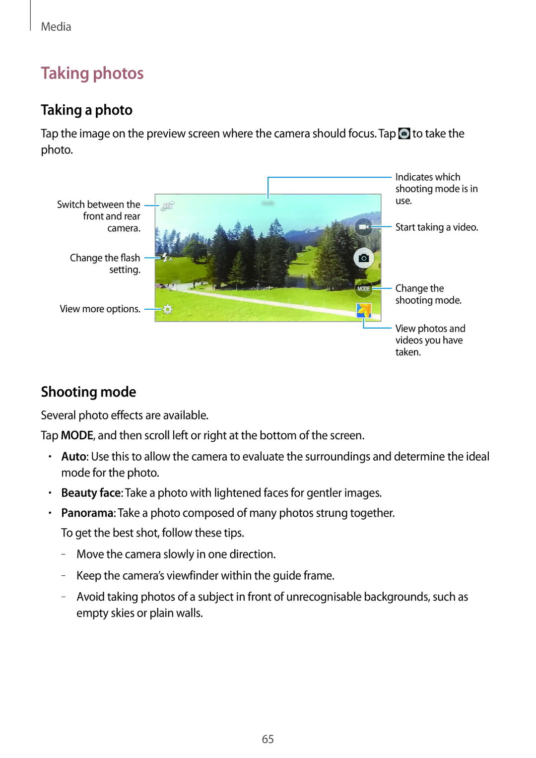 Samsung GT-I9195ZWIXEH, GT-I9195ZKIATO, GT-I9195DKIDBT, GT-I9195ZWIDBT manual Taking photos, Taking a photo, Shooting mode 