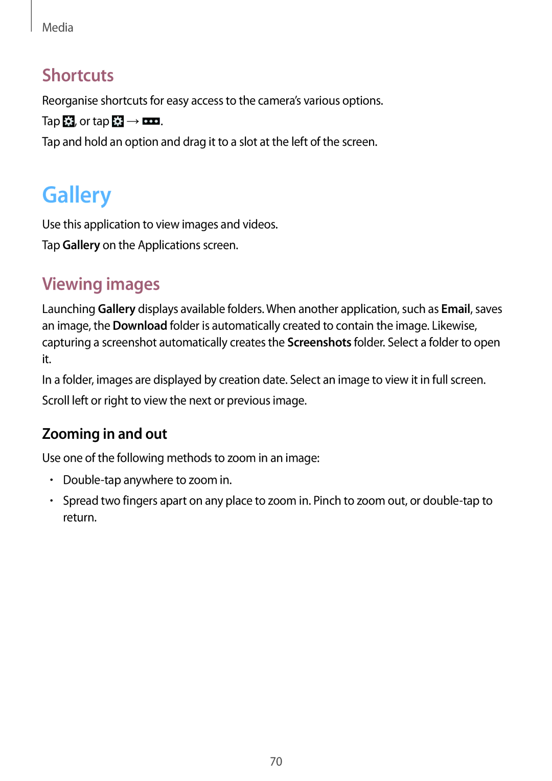 Samsung GT-I9195ZWIATO, GT-I9195ZKIATO, GT-I9195DKIDBT manual Gallery, Shortcuts, Viewing images, Zooming in and out 