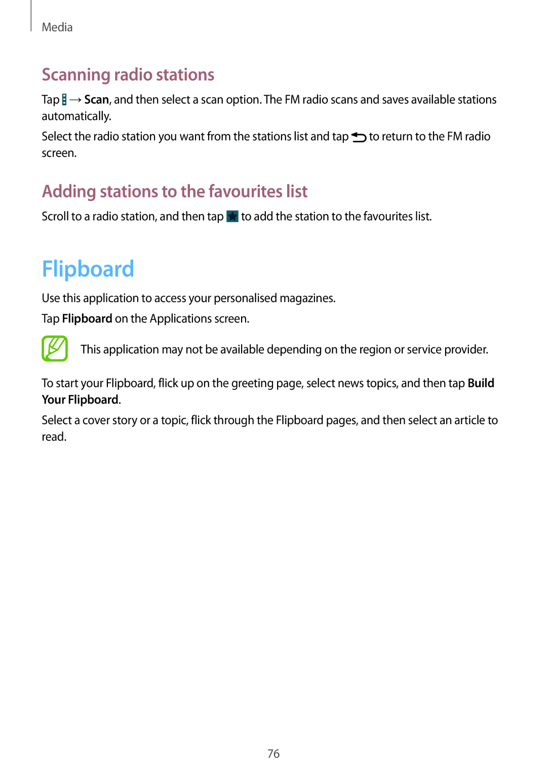 Samsung GT-I9195ZWISEB, GT-I9195ZKIATO manual Flipboard, Scanning radio stations, Adding stations to the favourites list 
