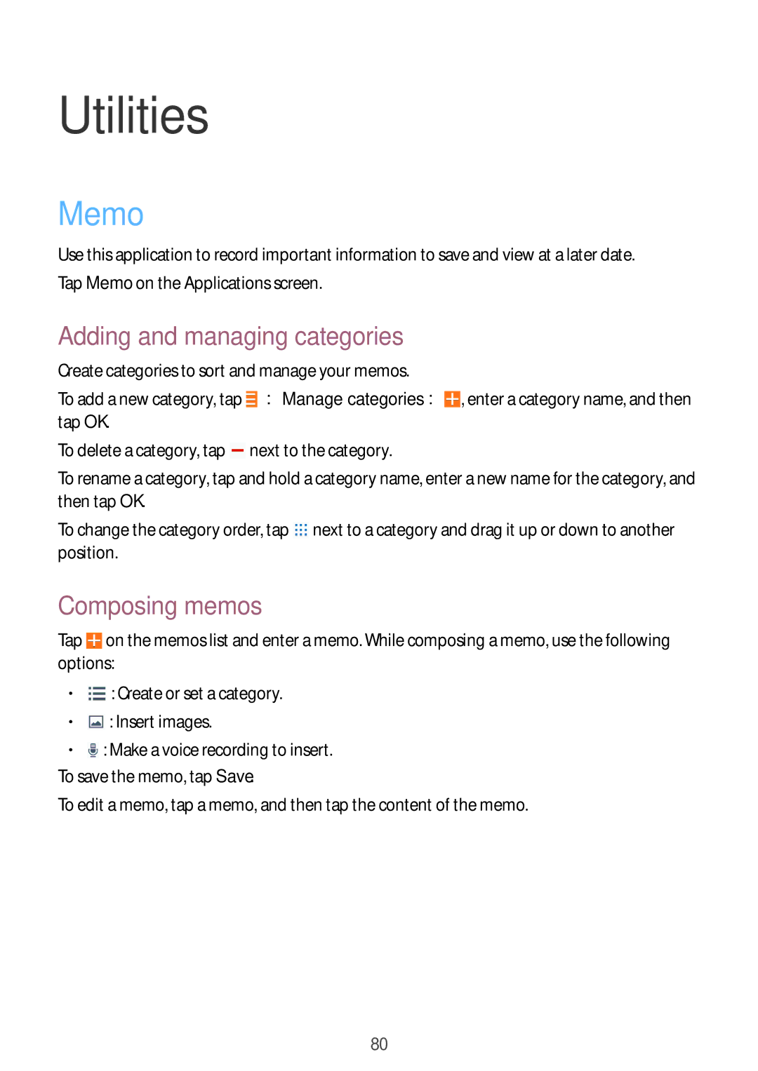 Samsung GT-I9195ZWIDBT, GT-I9195ZKIATO, GT-I9195DKIDBT Utilities, Memo, Adding and managing categories, Composing memos 