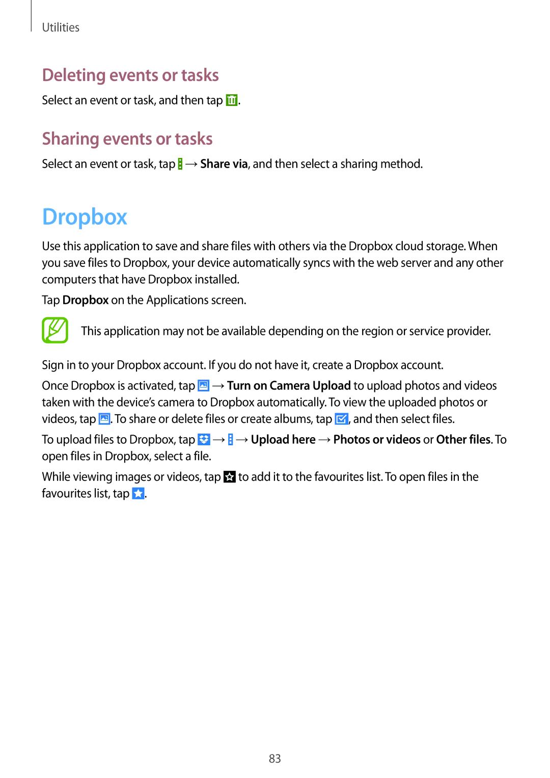 Samsung GT-I9195DKITCL, GT-I9195ZKIATO, GT-I9195DKIDBT manual Dropbox, Deleting events or tasks, Sharing events or tasks 