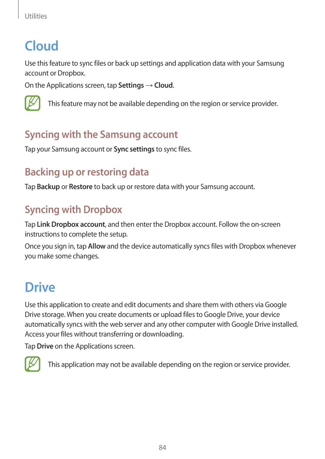 Samsung GT-I9195ZWIXEF Cloud, Drive, Syncing with the Samsung account, Backing up or restoring data, Syncing with Dropbox 