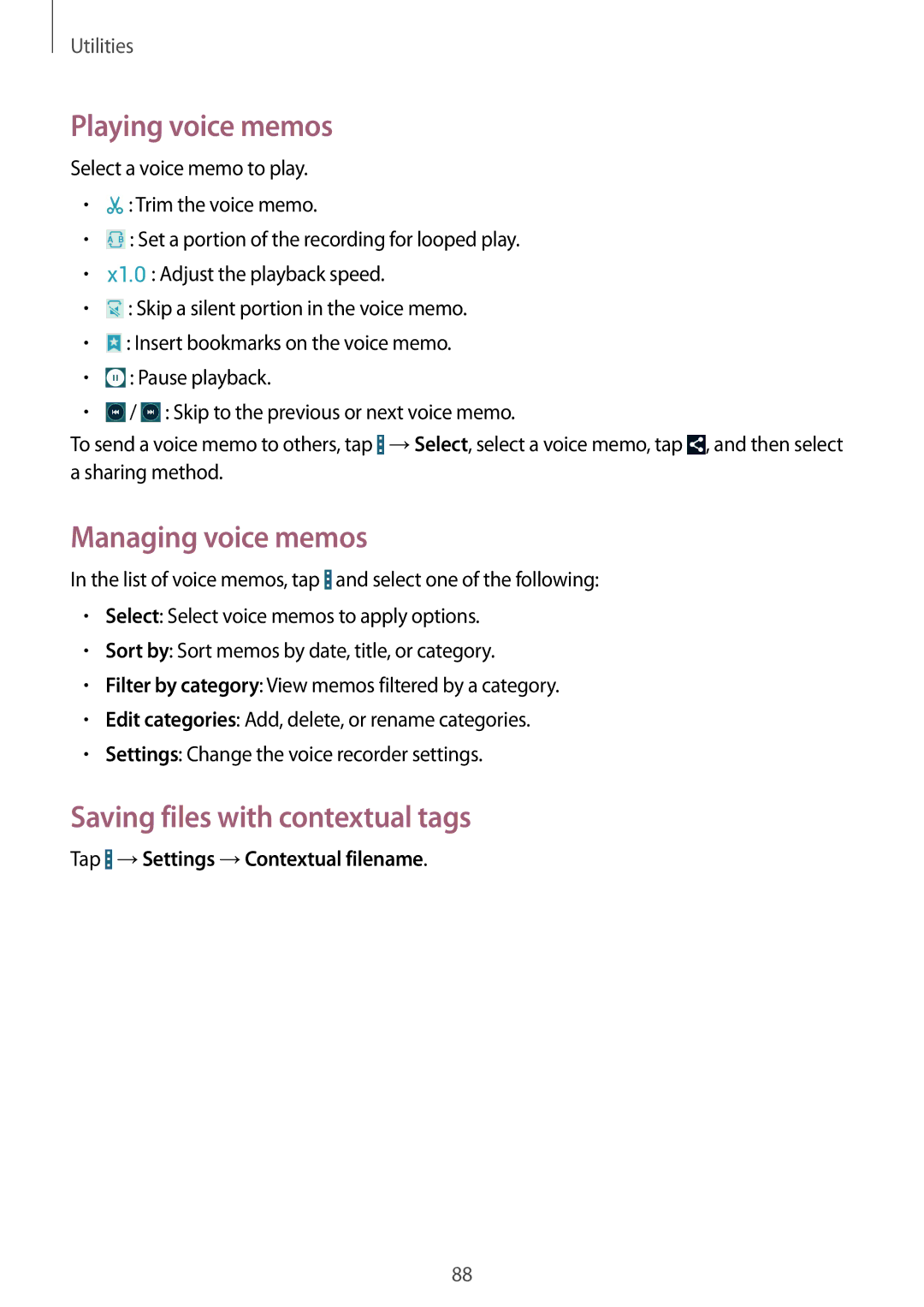 Samsung GT-I9195ZWIETL, GT-I9195ZKIATO manual Playing voice memos, Managing voice memos, Saving files with contextual tags 