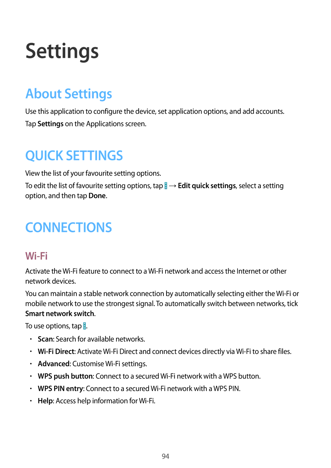 Samsung GT-I9195ZKIXEH, GT-I9195ZKIATO, GT-I9195DKIDBT, GT-I9195ZWIDBT, GT-I9195ZWIVGR manual About Settings, Wi-Fi 