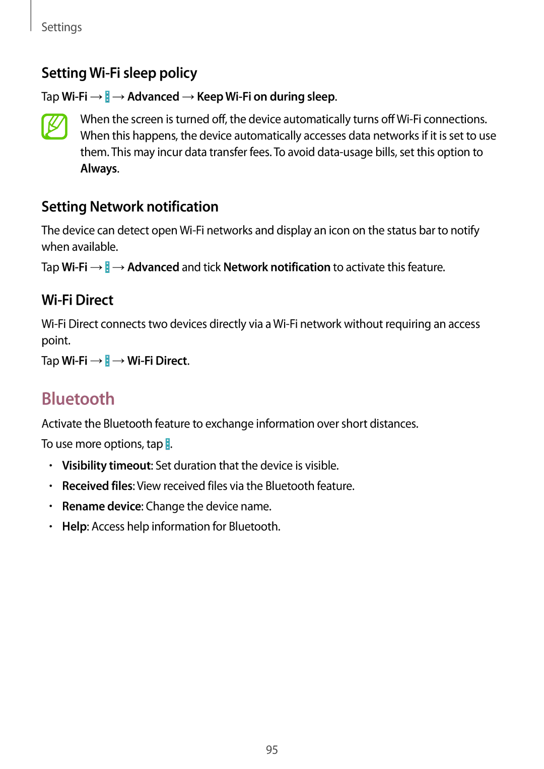 Samsung GT-I9195DKIORX, GT-I9195ZKIATO Bluetooth, Setting Wi-Fi sleep policy, Setting Network notification, Wi-Fi Direct 