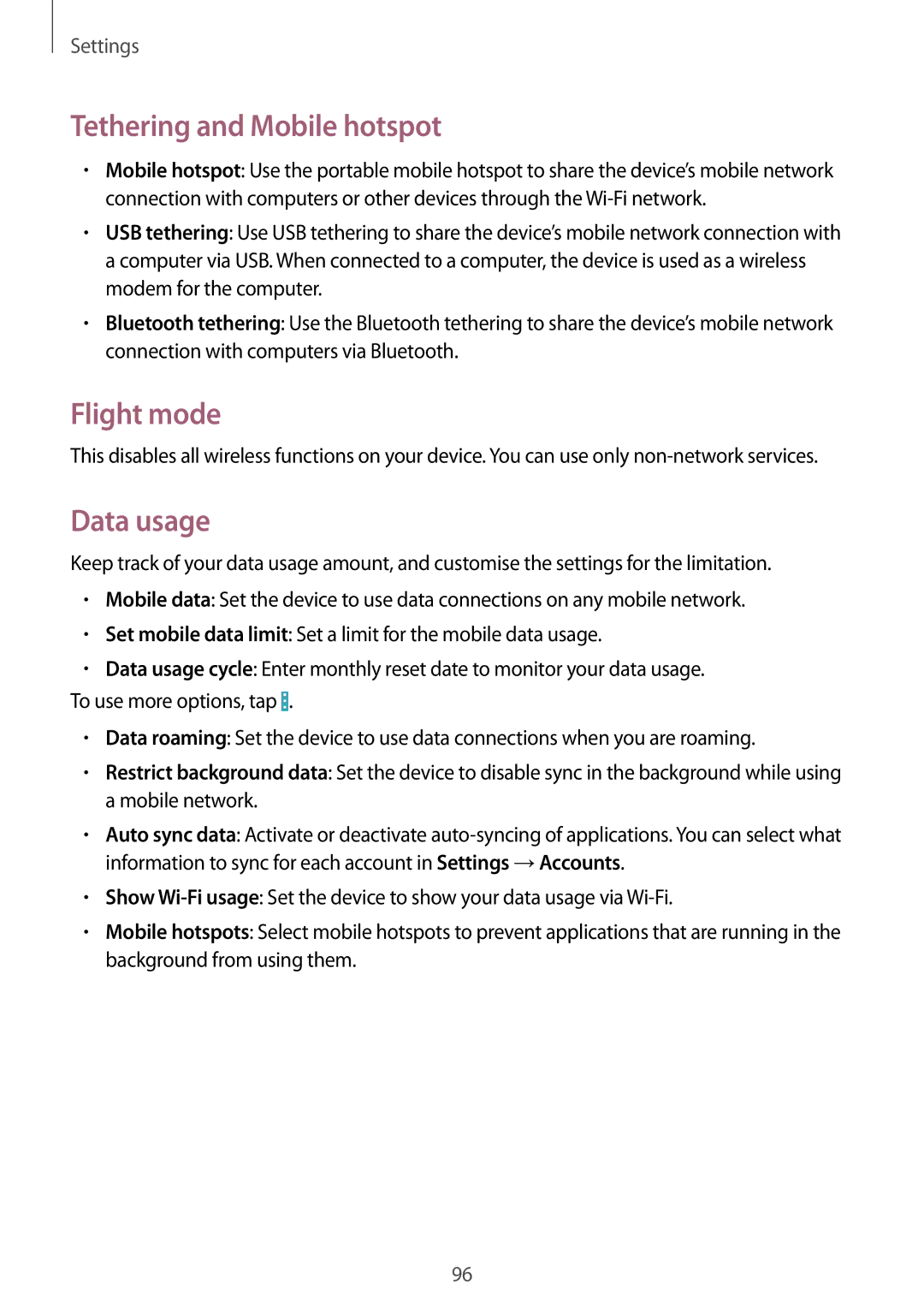 Samsung GT-I9195ZWIATO, GT-I9195ZKIATO, GT-I9195DKIDBT, GT-I9195ZWIDBT Tethering and Mobile hotspot, Flight mode, Data usage 