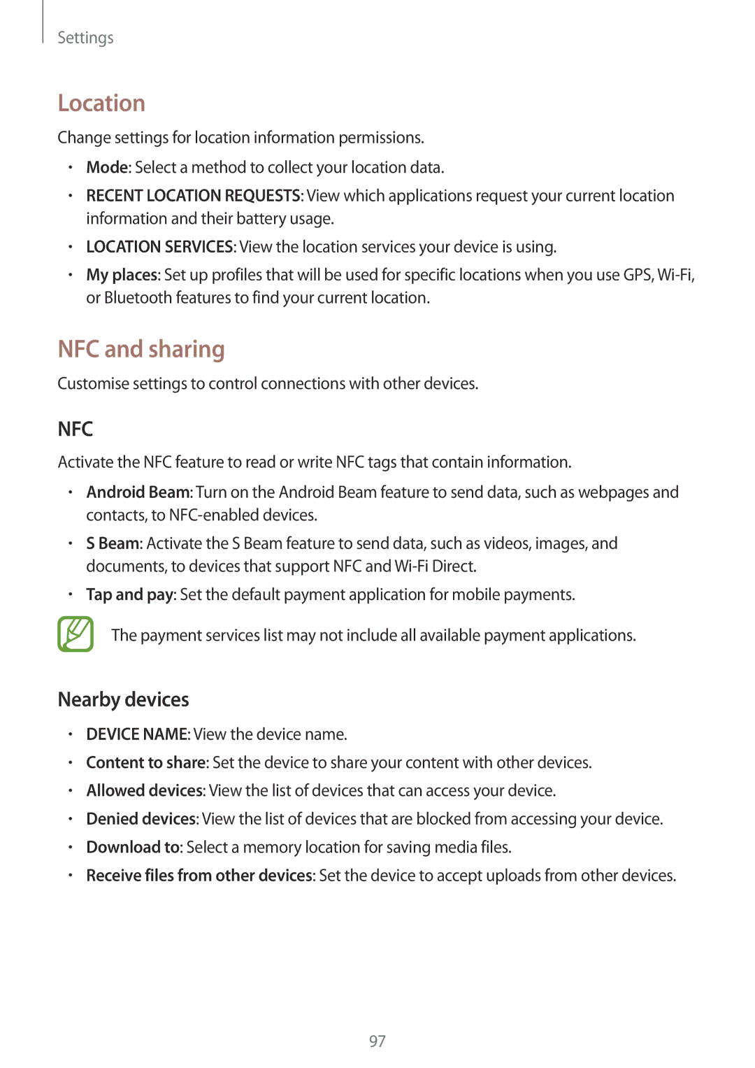 Samsung GT-I9195DKIETL, GT-I9195ZKIATO, GT-I9195DKIDBT, GT-I9195ZWIDBT manual Location, NFC and sharing, Nearby devices 